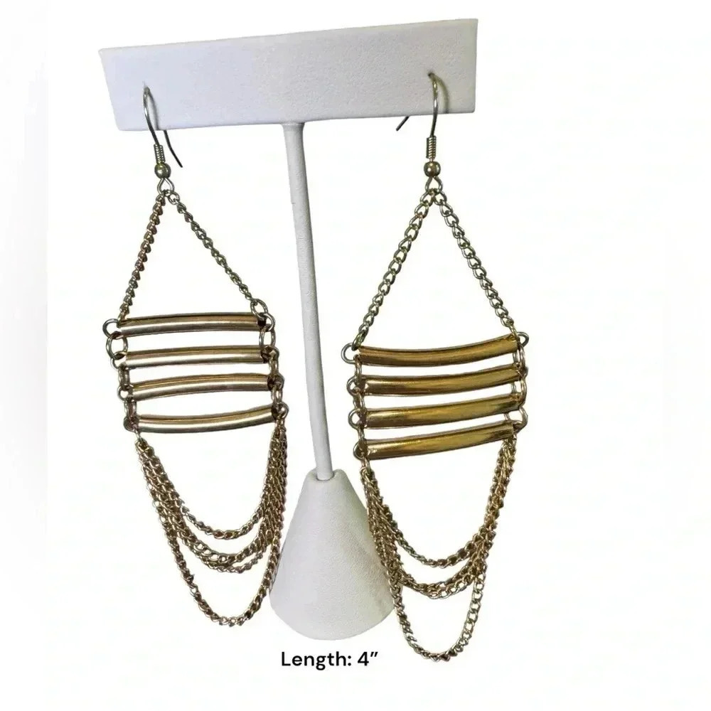 4” Chain Dangle Gold Earrings Vintage Round Shaped 4 Chain